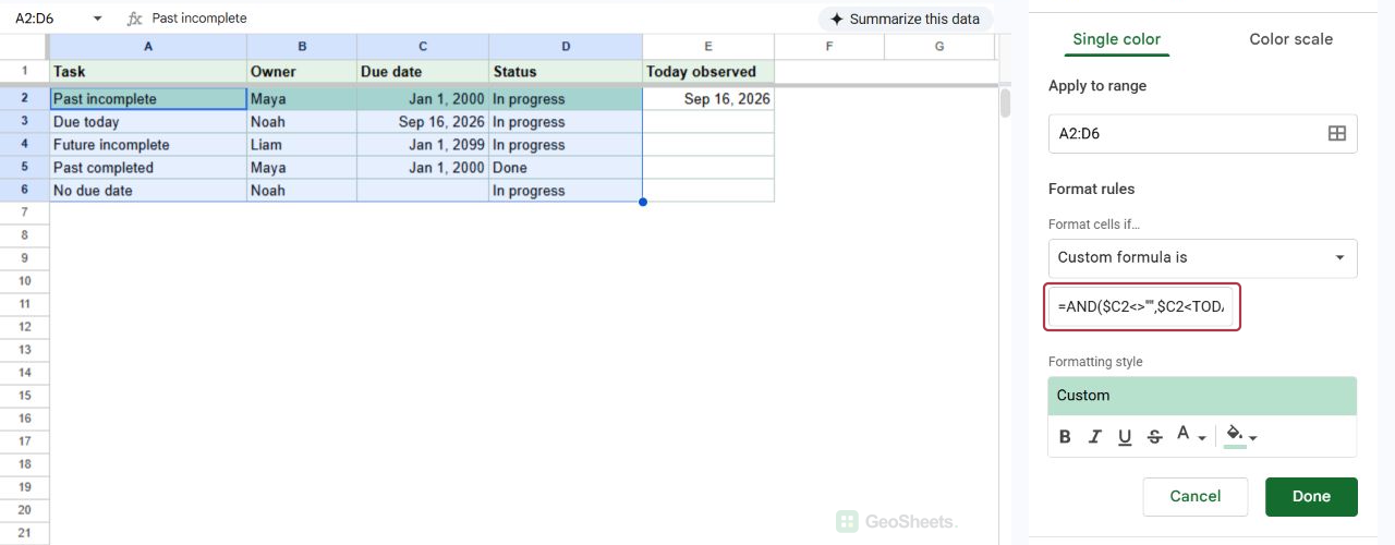 Google Sheets conditional formatting sidebar showing an overdue-date custom formula.