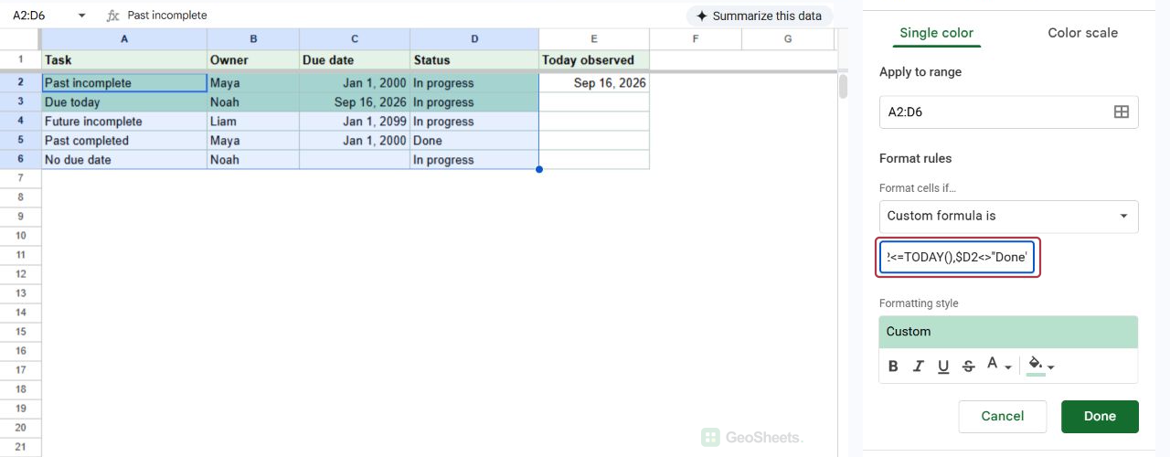 Google Sheets custom formula field with an overdue rule that includes the current date.