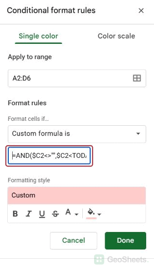 Conditional format sidebar and beginning of simple rule.