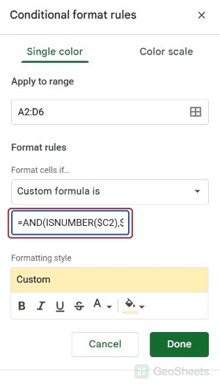 Conditional format sidebar and beginning of upcoming rule.