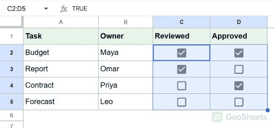 Google Sheets approvals checkbox selection