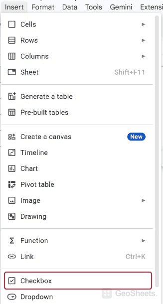 Google Sheets checkbox insert menu