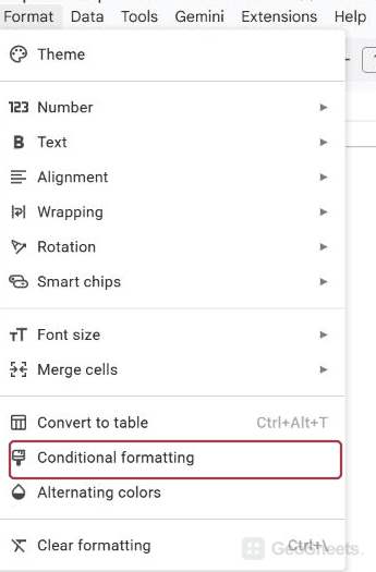 Google Sheets format menu