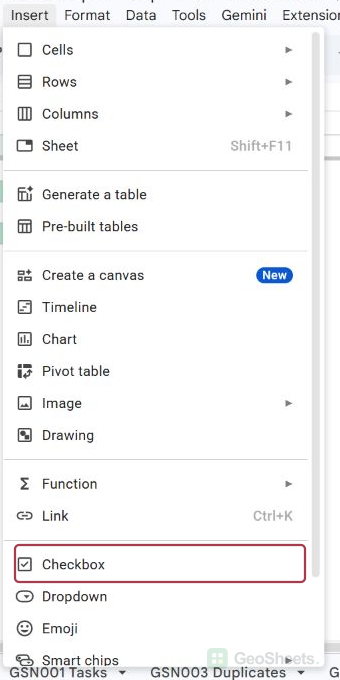 Google Sheets Insert menu with the Tick box command outlined