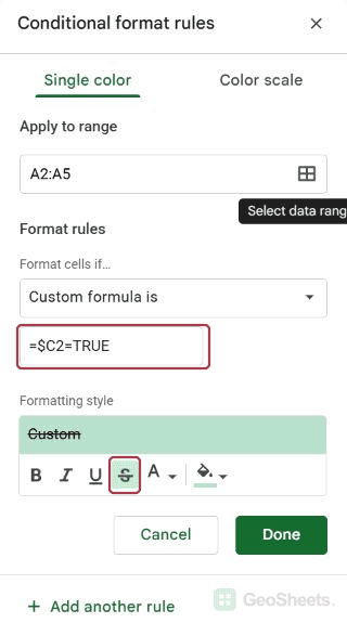 Google Sheets strikethrough control