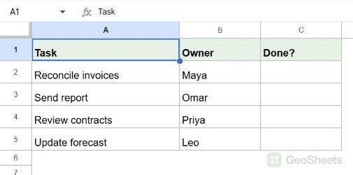 Google Sheets tasks before