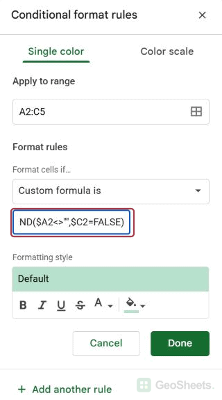 Google Sheets unchecked formula end
