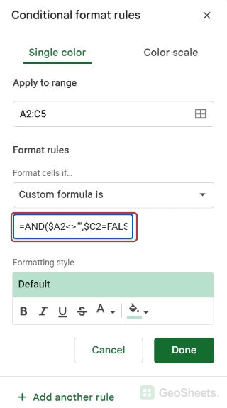 Google Sheets unchecked formula start
