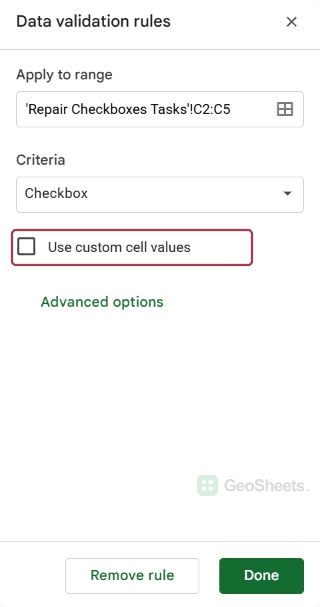Google Sheets validation custom option