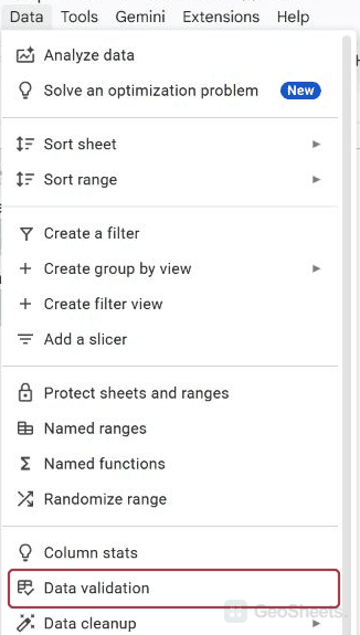 Google Sheets validation menu