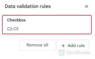 Google Sheets validation select rule