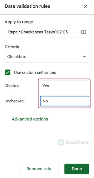 Google Sheets validation yes no