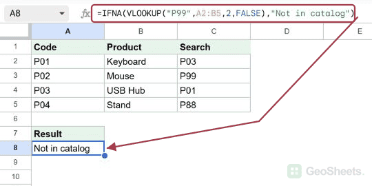 Replace a missing VLOOKUP result in Google Sheets, with the formula and its result visible.