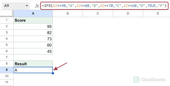 Assign a letter grade in Google Sheets, with the formula and its result visible.