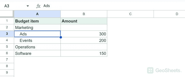 Ads and Events display indented while the formula bar retains Ads without added spaces.