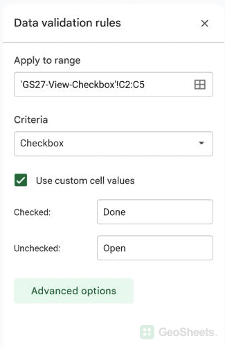 Checkbox validation uses Done for checked cells and Open for unchecked cells.