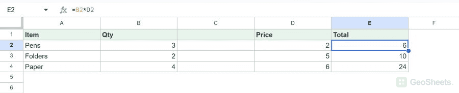 A blank column is inserted before Price, and the Total formula follows the shifted Price column.