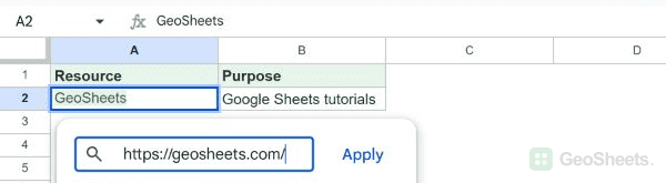 Link editor contains https://geosheets.com/ with an Apply button.