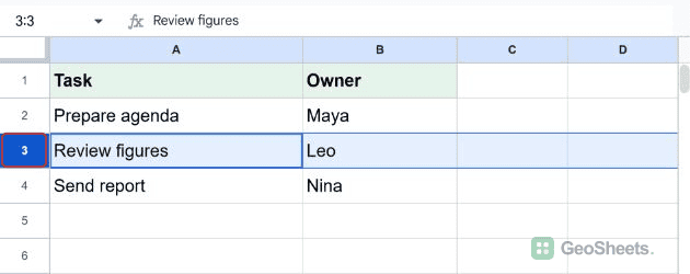 Row 3 selected by clicking its row number in Google Sheets.
