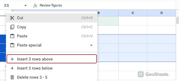 Insert 3 rows above highlighted in the right-click menu for selected rows 3 through 5.