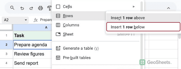 Insert 1 row below highlighted in the Insert menu’s Rows submenu.