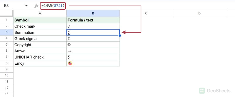 Use Insert Emoji to add a symbol in B10