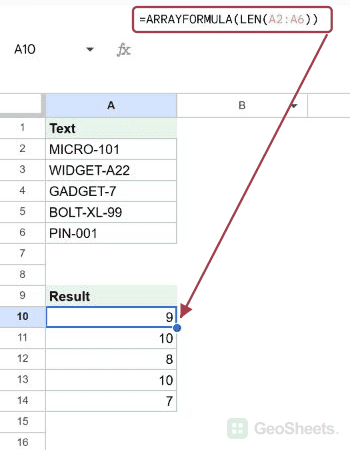 LEN example in Google Sheets, showing 9; 10; 8; 10; 7 in the selected output.