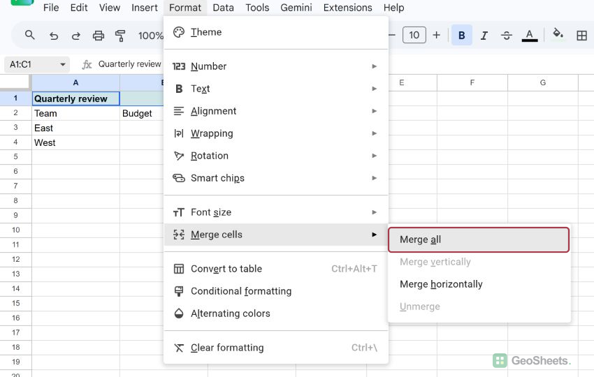 Format > Merge cells > Merge all in Google Sheets