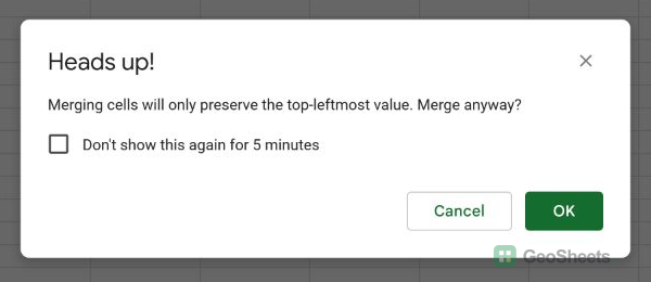 Google Sheets warns that merging preserves only the top-leftmost value