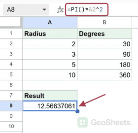 Calculate the area of a circle in Google Sheets, with the formula and its result visible.