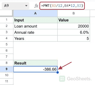 Calculate a monthly loan payment in Google Sheets, with the formula and its result visible.