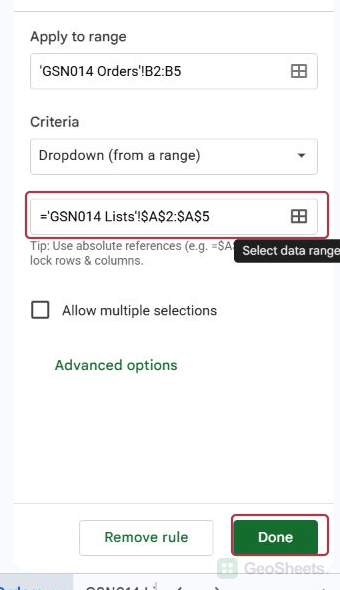 Validation sidebar showing target Orders B2:B5 and source Lists A2:A5 under Dropdown from a range