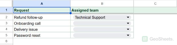 Orders tab after Technical Support is selected in B2, with dropdowns available in the remaining assignment cells