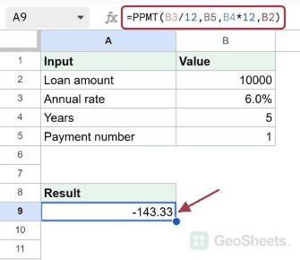 Find principal in the first monthly payment in Google Sheets, with the formula and its result visible.