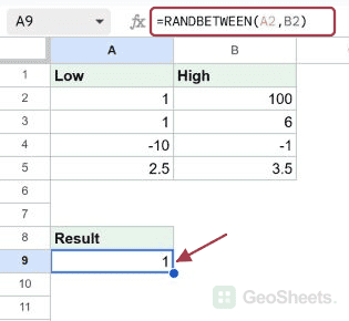 Generate a random integer from cell bounds in Google Sheets, with the formula and its result visible.