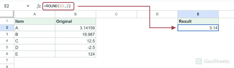 ROUND example with a bordered dataset and result 3.14.