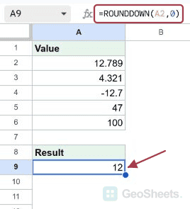 Round down to a whole number in Google Sheets, with the formula and its result visible.