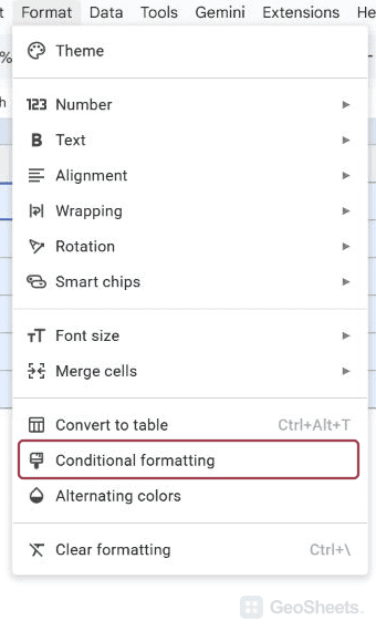 Format menu with the Conditional formatting command outlined