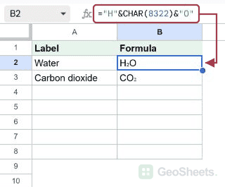 CHAR creates H₂O as text in the selected Google Sheets cell.