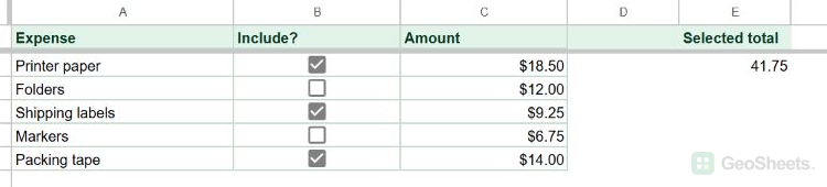 Finished expense list with three checked rows and a total of 41.75 in E2