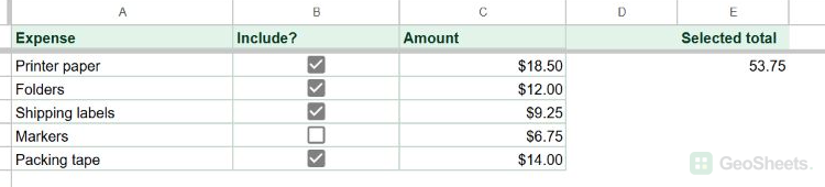 Folders checkbox now checked and the SUMIF total updated from 41.75 to 53.75