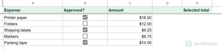 Custom checkbox expense list with three approved rows and an empty Selected total cell