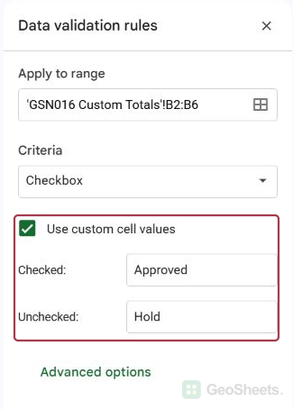 Data validation rule showing Approved as the checked value and Hold as the unchecked value for B2:B6
