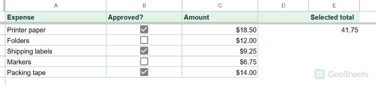 Finished custom checkbox expense list with three approved rows and a total of 41.75
