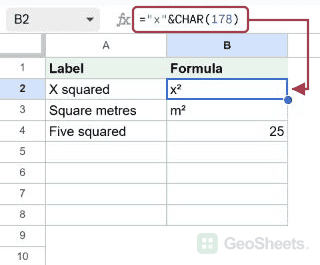 CHAR creates x² as text in the selected Google Sheets cell.