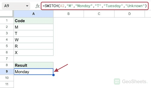 Map a code to a readable name in Google Sheets, with the formula and its result visible.