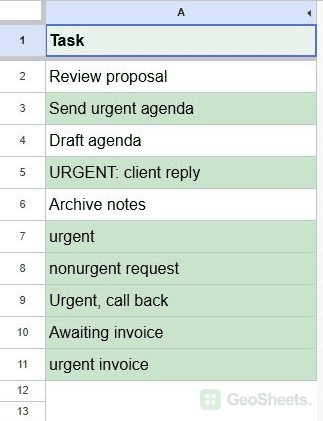 Google Sheets task list with either urgent or invoice highlighted.