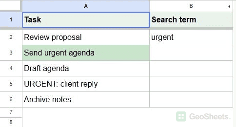 Case-sensitive FIND conditional formatting highlights Send urgent agenda only.