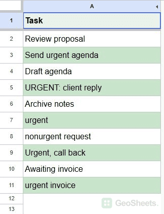REGEXMATCH highlights urgent as a whole word and leaves nonurgent request uncolored.