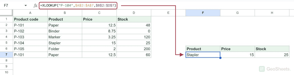 XLOOKUP returns Stapler, price 15, and stock 25 across three cells.